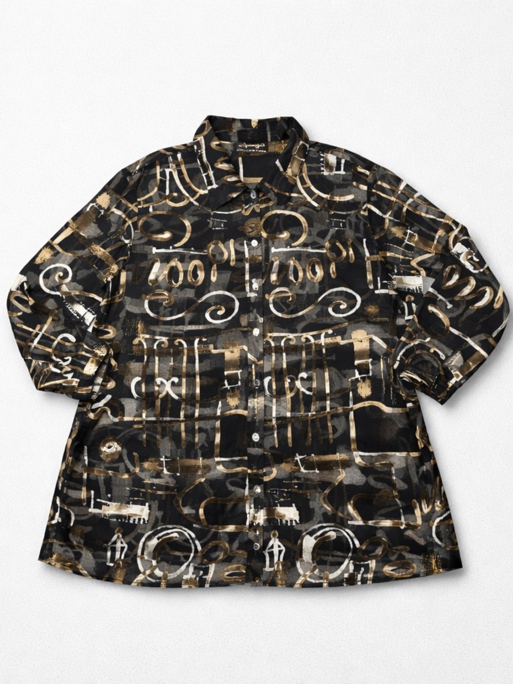 Spago Collection Sheer Button Up Blouse Top Women XL Black Gold Graphic Tunic